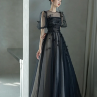 Black Tulle Sequins Long Prom Dress, Lovely A Line Evening Party Dress KPP1706 - Thumbnail 1