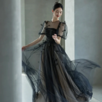 Black Tulle Sequins Long Prom Dress, Lovely A Line Evening Party Dress KPP1706 - Thumbnail 2