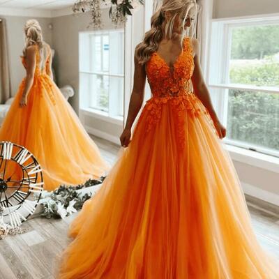 A-line orange tulle v-neck lace long prom dress evening dress - Thumbnail 3