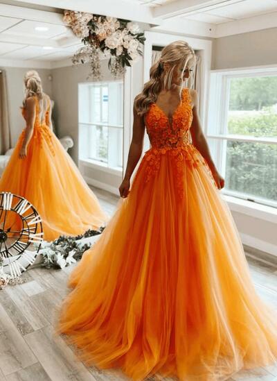 A-line Orange Tulle V-Neck Lace Long Prom Dress Evening Dress