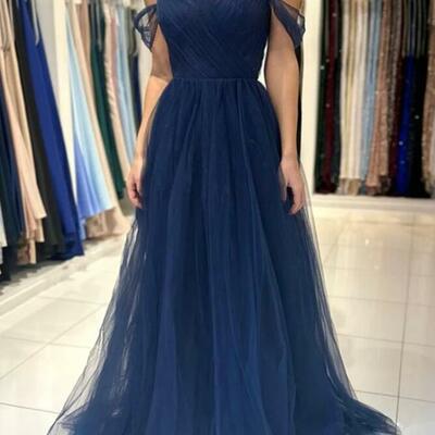 Simple navy blue tulle a-line long prom dresses - Thumbnail 4