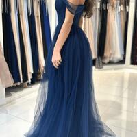 Simple Navy Blue Tulle A-line Long Prom Dresses - Thumbnail 1