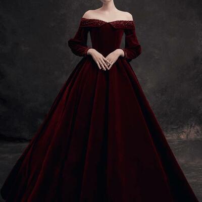 Vintage wine red velvet long sleeves beaded party dresses - Thumbnail 3