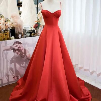 A-line red satin sweetheart long party dresses - Thumbnail 2