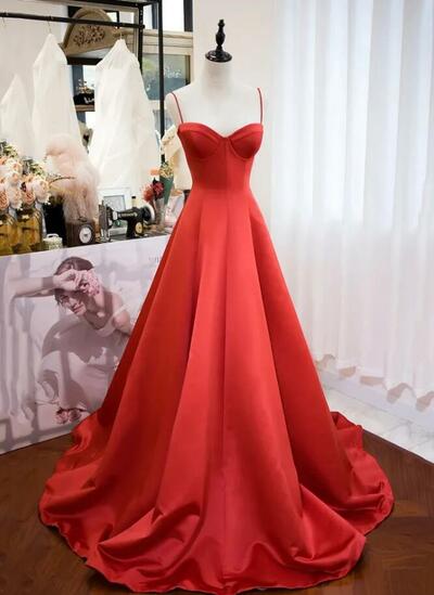 A-line Red Satin Sweetheart Long Party Dresses