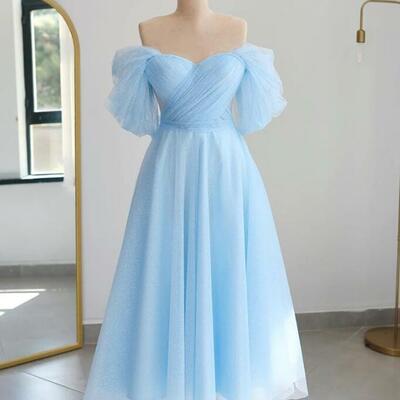 A-line off shoulder tea length blue tulle prom dresses