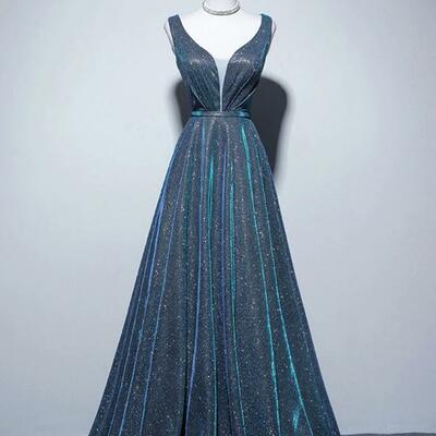 Simple a-line blue sequin long prom dresses