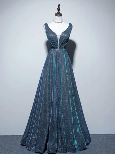 Simple A-Line Blue Sequin Long prom Dresses