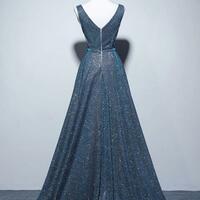 Simple A-Line Blue Sequin Long prom Dresses - Thumbnail 1