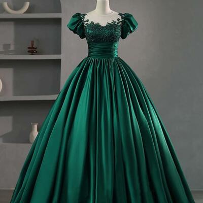 A-line scoop neckline green lace long ball gown prom dress - Thumbnail 4