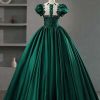 A-Line Scoop Neckline Green Lace Long Ball Gown Prom Dress - Thumbnail 1