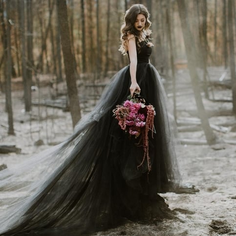 black wedding dresses a line Black Tulle A-line Strapless Wedding Dresses With Train, Bridal Gown, MW996