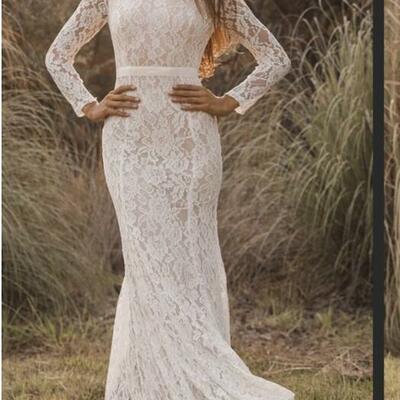Women modest lace wedding dress long sleeves，1701 - Thumbnail 2