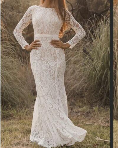 Women Modest Lace Wedding Dress Long Sleeves，1701