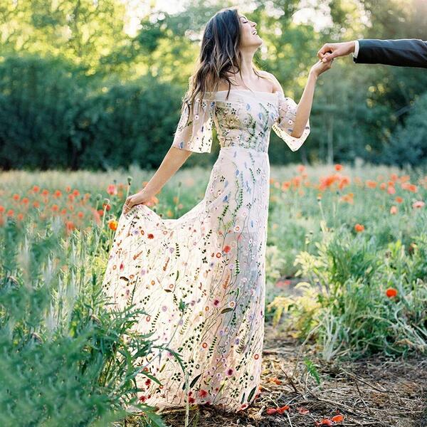 Off Shoulder Floral Embroidery A Line Wedding Gown Custom Made Short Sleeves Colorful Rustic Colorful See Through Bridal Dress
