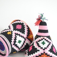 SOLD SOLD SOLD Berber Basket Handwoven Vintage Moroccan Berber Wool Lidded Basket with Pom Poms - Thumbnail 2