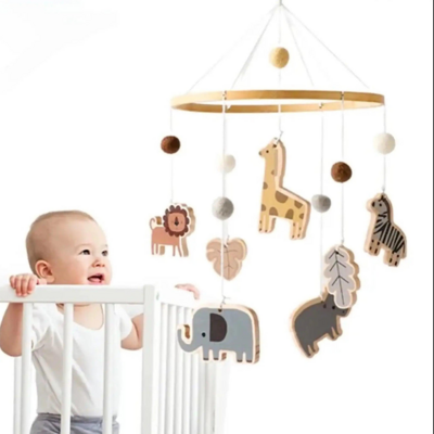 Nursery crib mobile zoo animal theme wooden hanging decoration, free shipping
