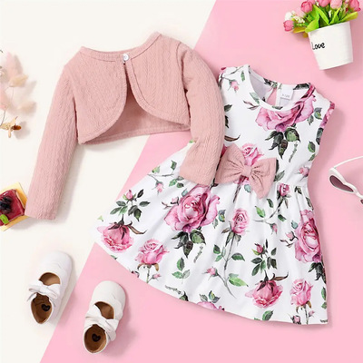 Baby and toddler girl cotton dress set pink cardigan and floral print casual dress free shipping