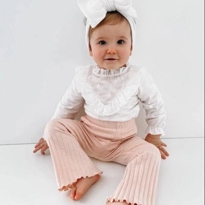 Baby girls long sleeve white lace ruffled top and pink flare pants set free shipping