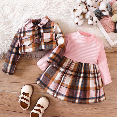 Baby toddler girls long sleeve pink and brown plaid dress and jacket 2pc set free shipping