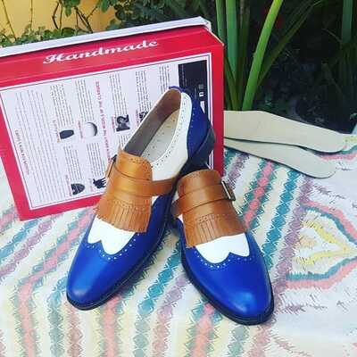 Crafted Leather Handmade Men Blue White Fringes Monk Strap Loafers Wingtip Dress Shoes 