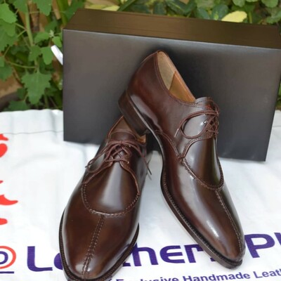Crafted Leather Dark Brown Leather Split Toe Oxford Lace up Dress Shoes