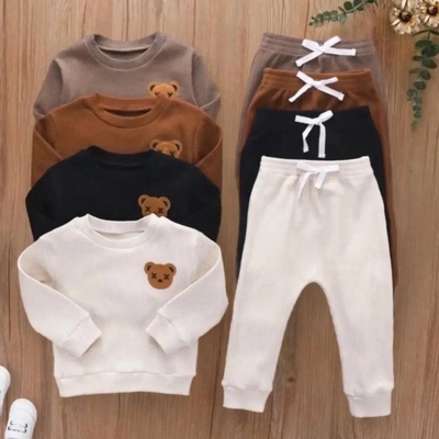 Baby toddler boys embroidered teddy bear cotton long sleeve sweatshirt and joggers free shipping