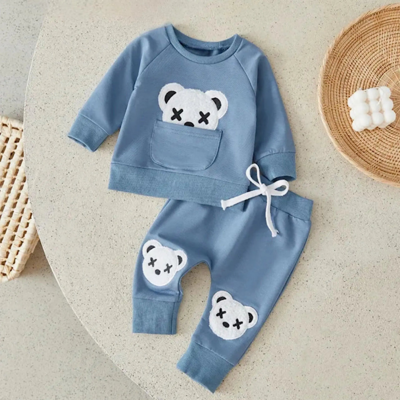 Baby and toddler boys blue teddy bear embroidered sweatshirt and jogger pants set free shipping