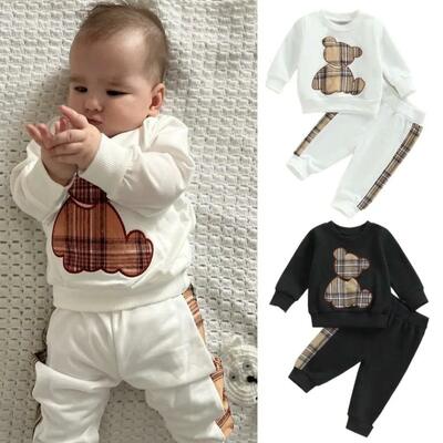 Boys long sleeve plaid teddy bear cotton sweatshirt and joggers 2pc set black or white free shipping