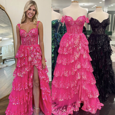 Fuchsia Prom Dresses Slit Side Off Shoulder