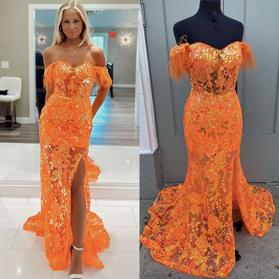 Bright Orange Prom Dresses Slit Side
