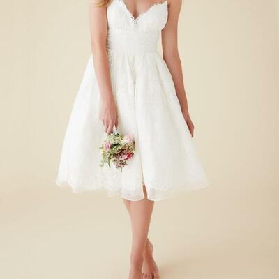 Cute short beach wedding dresses v neck spaghetti straps knee length sexy backless wedding gowns organza lace bridal dresses,1704 - Thumbnail 1