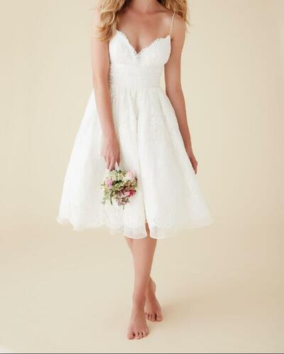 Cute Short Beach Wedding Dresses V Neck Spaghetti Straps Knee Length Sexy Backless Wedding Gowns Organza Lace Bridal Dresses,1704