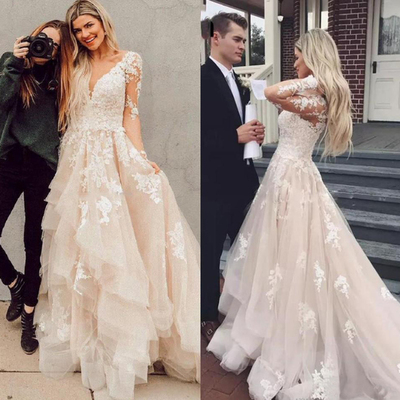 Champagne wedding dresses 2024 new arrival vintage long sleeve appliques v neck ruffles long bridal gowns,1706 - Thumbnail 1