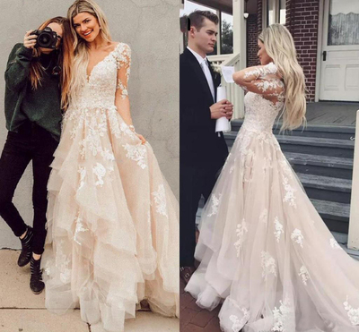 Champagne Wedding Dresses 2024 New Arrival Vintage Long Sleeve Appliques V Neck Ruffles Long Bridal Gowns,1706