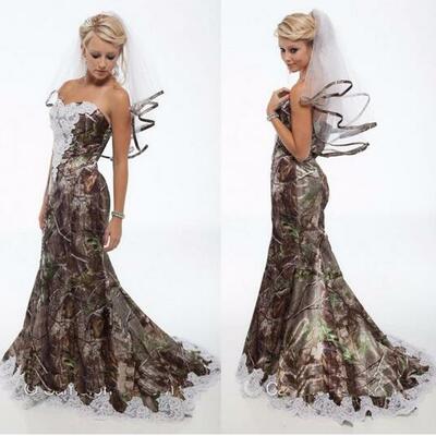 Camo wedding dresses plus veils vintage sweetheart lace mermaid camo bridal gowns backless sweep train camouflage wedding gowns,1707 - Thumbnail 1