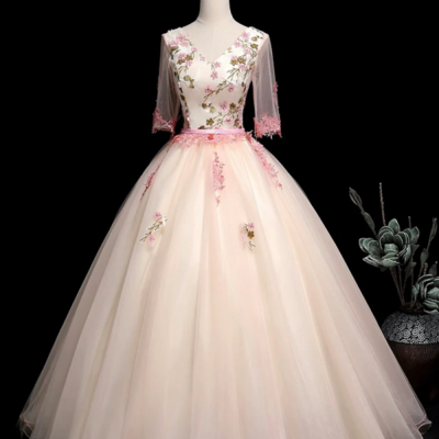 Champagne v neck lace long prom dress, a line 1/2 sleeves evening party dress kpp1707