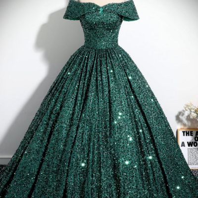 Green sequins off shoulder ball gown prom dress, dark green sweet 16 dress kpp1708