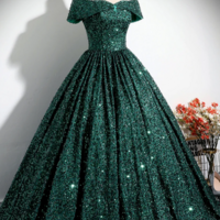 Green Sequins Off Shoulder Ball Gown Prom Dress, Dark Green Sweet 16 Dress KPP1708 - Thumbnail 2