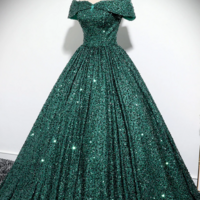 Green Sequins Off Shoulder Ball Gown Prom Dress, Dark Green Sweet 16 Dress KPP1708 - Thumbnail 3