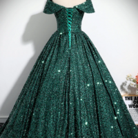 Green Sequins Off Shoulder Ball Gown Prom Dress, Dark Green Sweet 16 Dress KPP1708 - Thumbnail 4