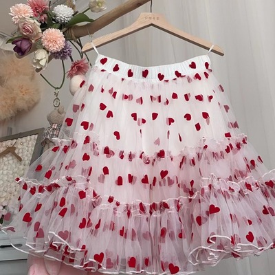 White layered tulle midi skirt with red heart women girl custom plus size fluffy tulle tutu skirt