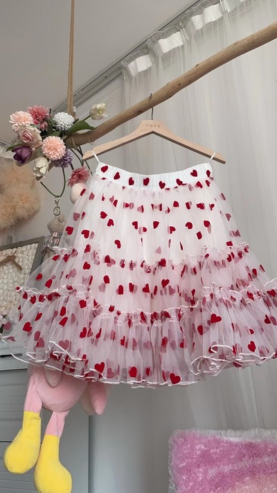 White Layered Tulle Midi Skirt with Red Heart Women Girl Custom Plus Size Fluffy Tulle Tutu Skirt