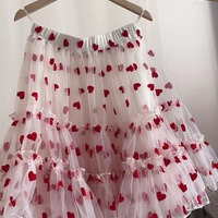 White Layered Tulle Midi Skirt with Red Heart Women Girl Custom Plus Size Fluffy Tulle Tutu Skirt - Thumbnail 4