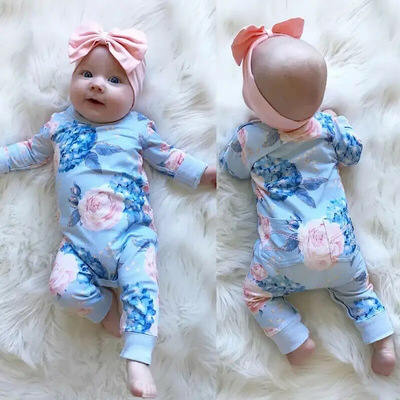 Baby girls blue floral print long sleeve cotton romper jumpsuit with bow headband set free shipping