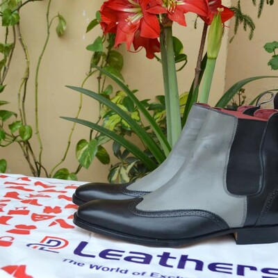 Crafted leather handmade men black gray wingtip style chelsea dress boot - Thumbnail 4