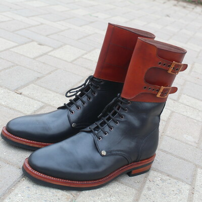 Crafted leather black ankle high lace up genuine leather men double buckle military boot - Thumbnail 5