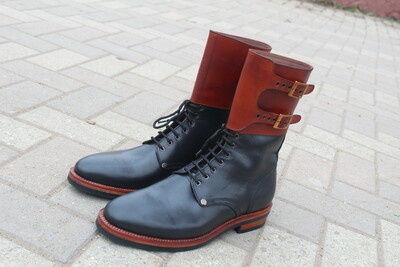 Crafted Leather Black Ankle High Lace up Genuine Leather Men Double Buckle Military Boot