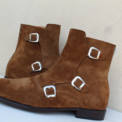 Crafted leather handmade men fashion brown triple monk boots, men suede leather dress boots - Thumbnail 2