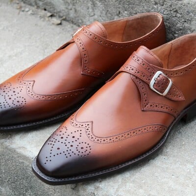 Crafted leather brown black shaded wingtip style single monk strap dress shoes  - Thumbnail 3